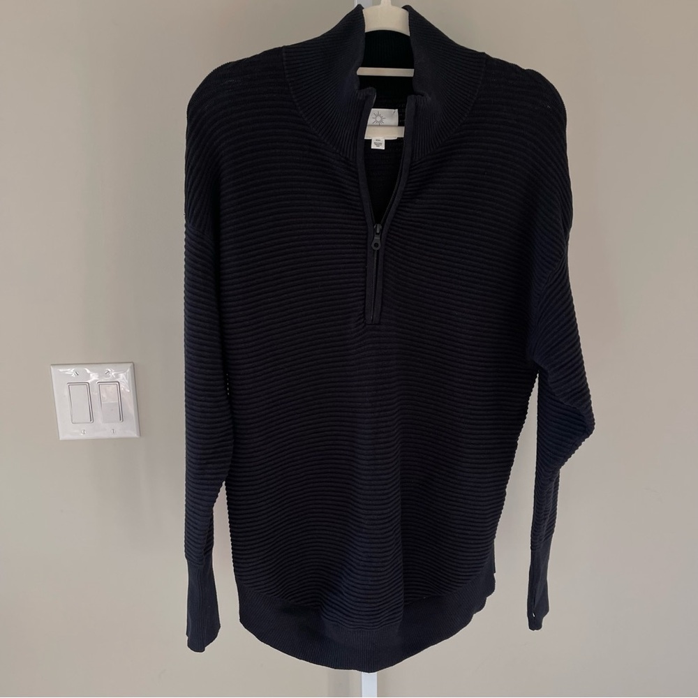 Aerie Black Ribbed V Neck Half Zip Sweater Women’s Size Medium